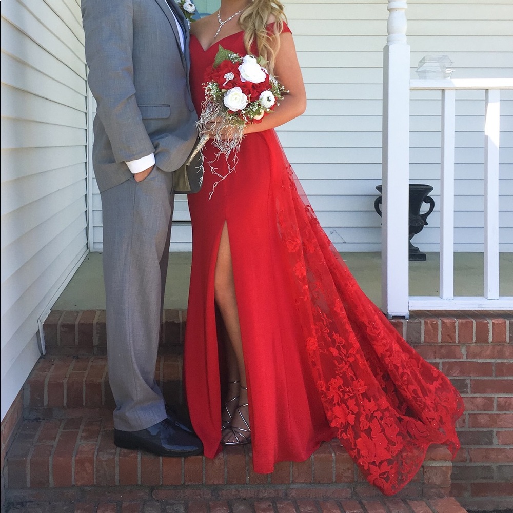 Bright red cut out back with Train prom dress
